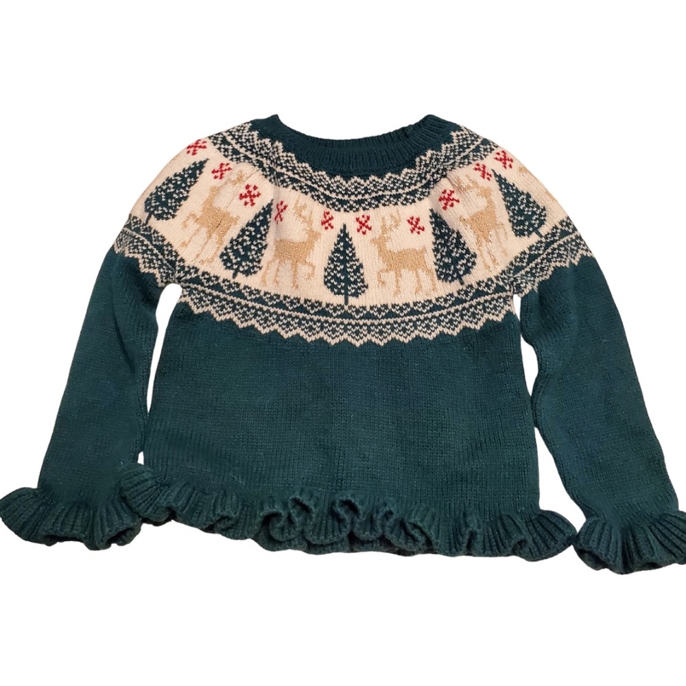 Tahari Kids Reindeer Sweater with Frilled Cuffs & Hem